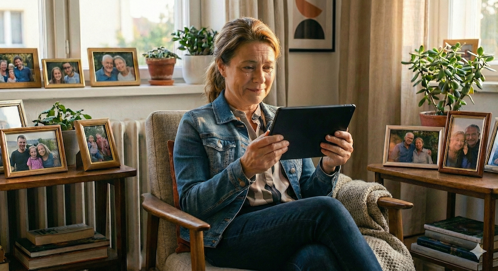 Person looking at device surrounded by family photos